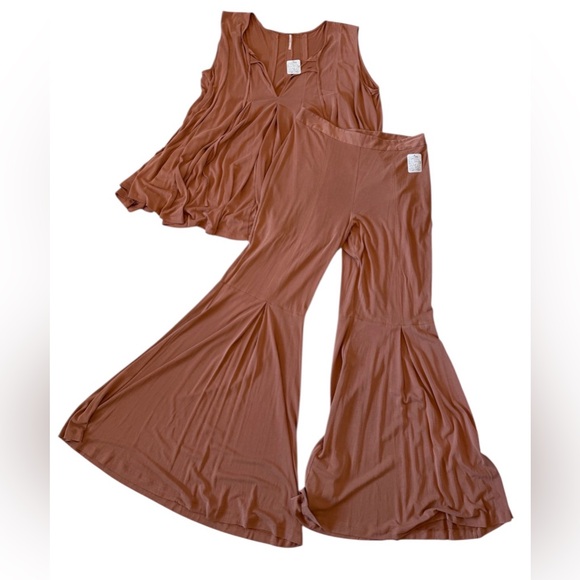 Free People 2-Piece Sasha Lounge Set Flowy Tunic Top & Flare Pants Brown L - Picture 4 of 11